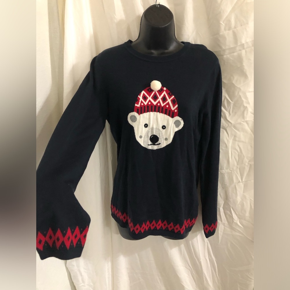 Tommy Hilfiger navy blue pompom beanie teddy bear print‎ red trim sweater size L